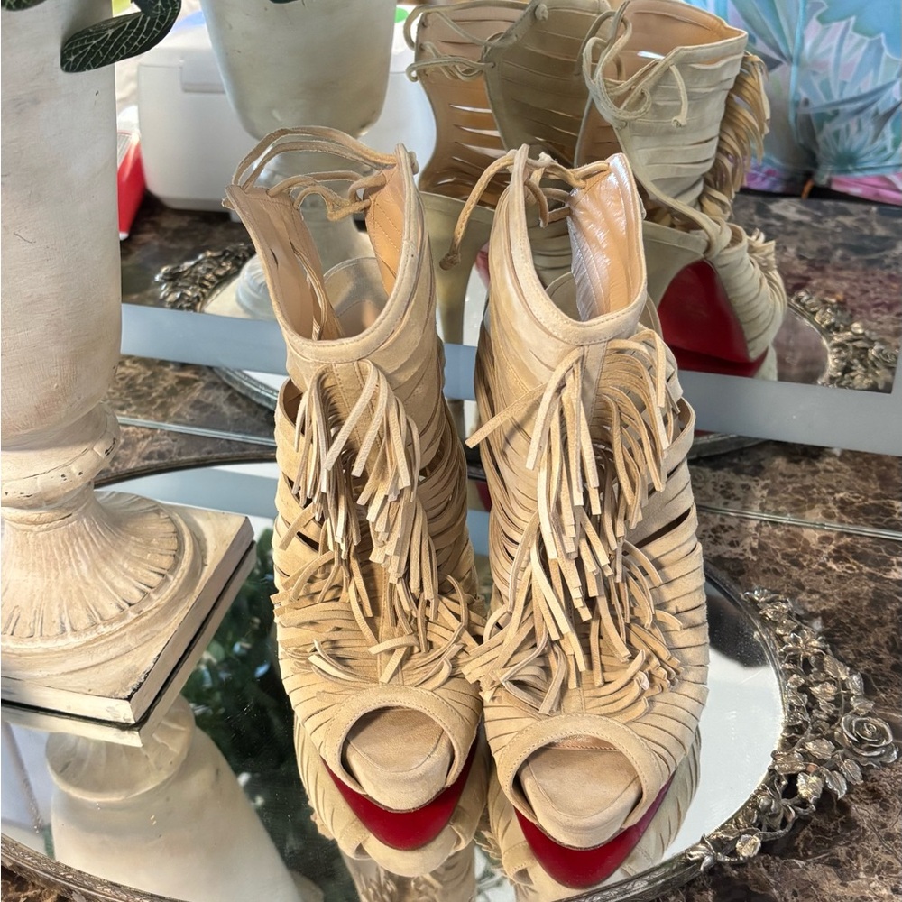 Fringed Peep-Toe Heels - Tan and Red